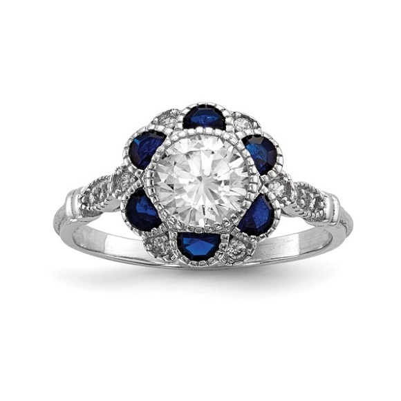 Sterling Silver Rhodium-plated CZ and Synthetic Blue Sapphire Flower Ring - Picture 6 of 6